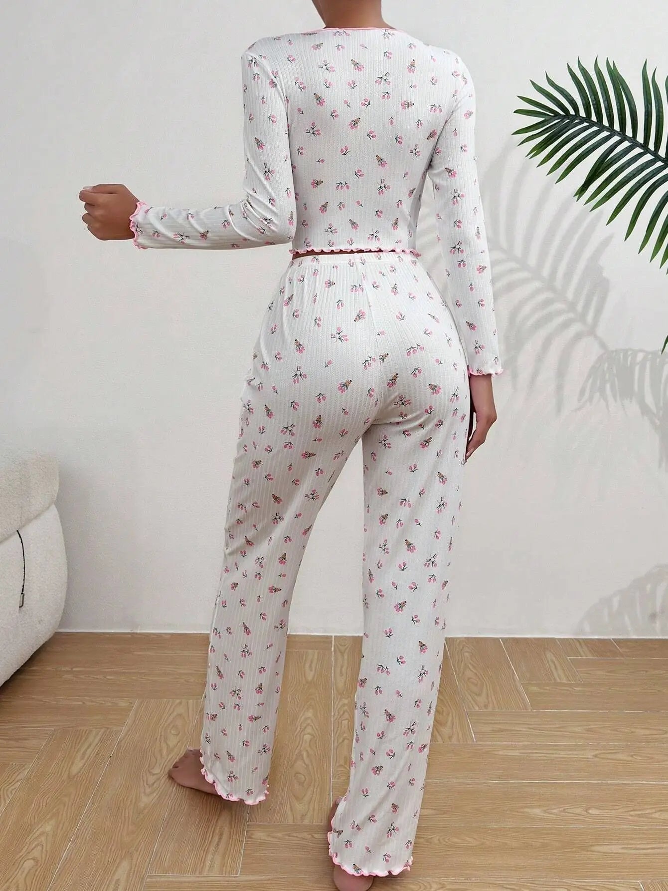 Autumn Winter Floral Print Pajamas Set for Women Sleepwear Long Sleeve Top and Long Pants 2 Piece Casual Homewear Loungewear
