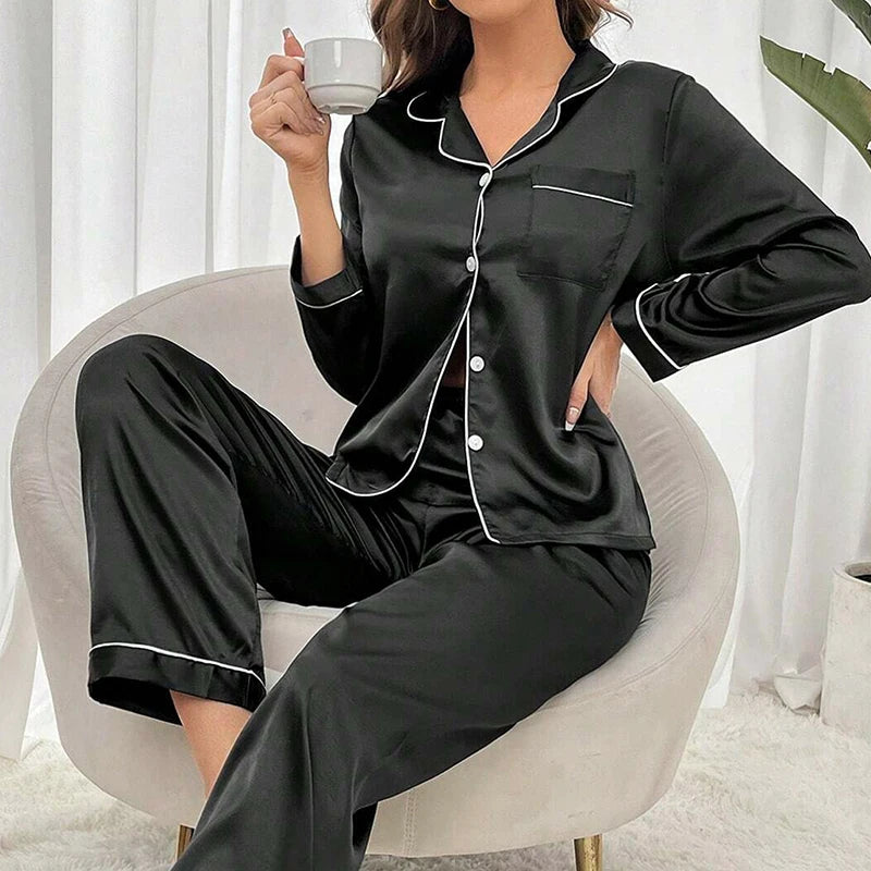 Autumn Satin Women‘s Pajamas Set Notched Collar Top & Wide Leg Long Pants 2 Pieces Sleepwear Female Loungewear Like Leisure Suit