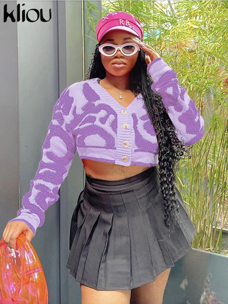 Kliou Knit Coats ladies Autumn New Full Sleeve Breasted Buttons V-neck Ruched Sweather Outwear Bare Midriff Street Tops