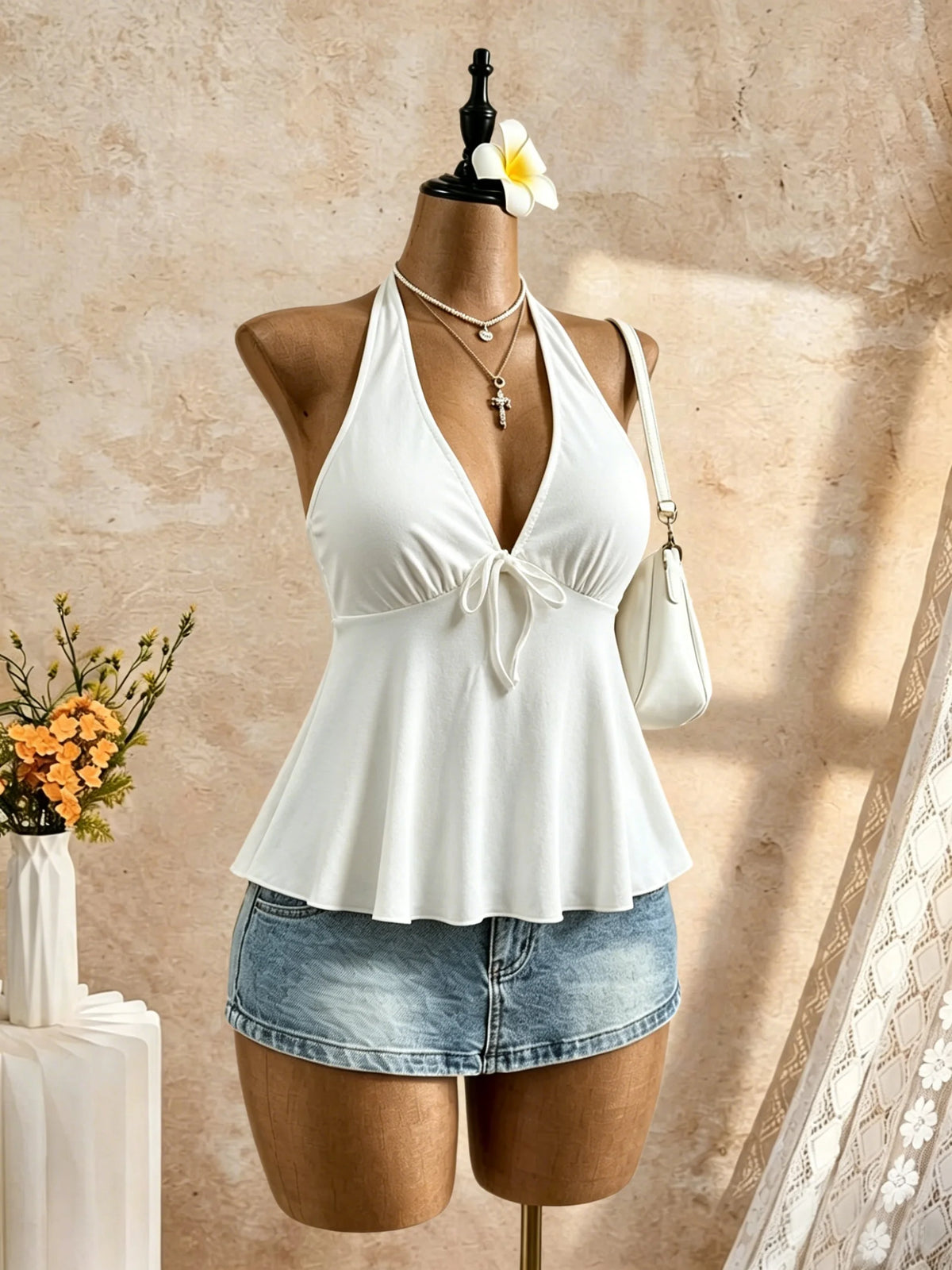 Women Halter Deep V Neck Front Self Tie Flared Peplum Camisole 2026 Summer Y2K Solid Color Sleeveless Flowy Beach Vacation Tank