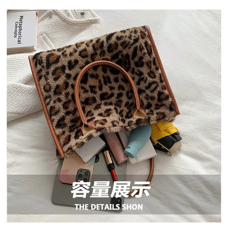 Top-Handle Bags Retro Cow Leopard Print PU Leather Plush Design Autumn Winter Fashion Small Women Small Handbags