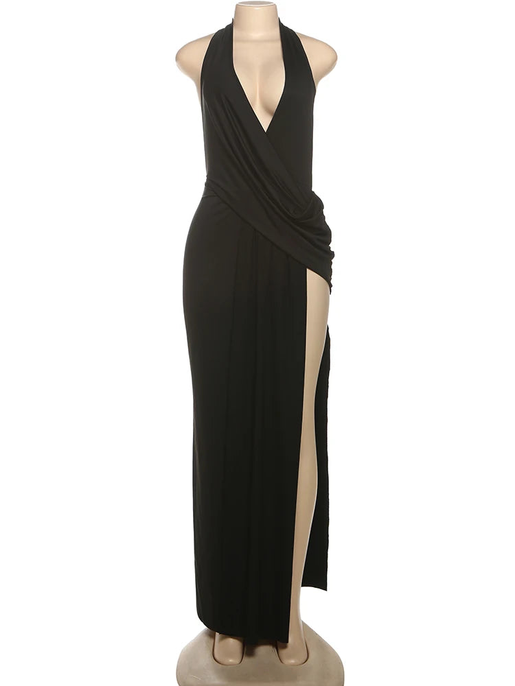 Halter Deep V Backless High Slit Maxi Dress — Women's Elegant