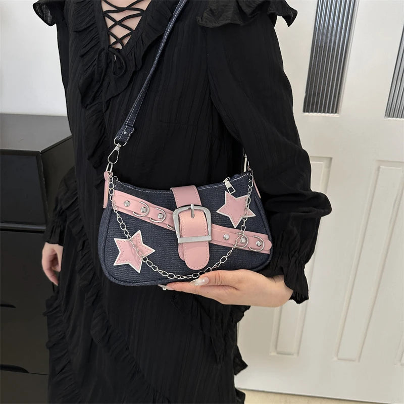 Fashion Women's Handbags Denim Stars Pattern Cool Girls Underarm Bag Female Small Shoulder Hobo Bags Chain Tote Bag