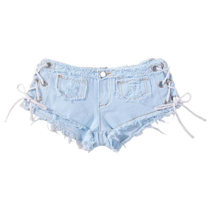 Women's Y2K Low Rise Denim Micro Shorts Lace-Up Side Frayed Booty Shorts for Rave Party Nightclub