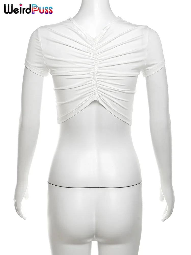 Weird Puss Casual T-Shirt Monogram Y2K  Women Shorts Sleeve Shirring Crop Tops Chic Hot Hot Girl Wild Streetwear Tees