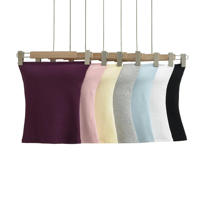 Women Solid Strapless Tube Top Sleeveless Bandeau Crop Top Stretch Basic Wrap Bustier Summer Casual Y2K Tank Tops