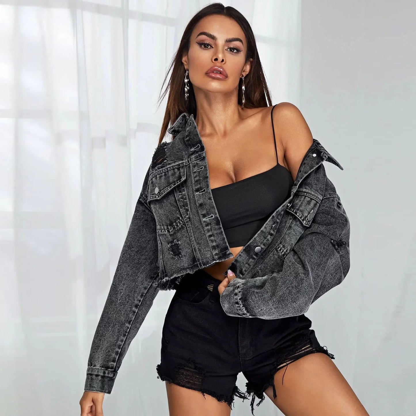 Donsignet Women's Jeans Jacket Spring Autumn New Fashion Burr Hole Coats Button Pockets Long Sleeve Black Casual Tops
