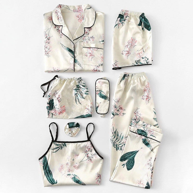 Women's Pajamas Set 7 Pieces Satin Sleepwear Pijama Silk Nightgown Suit Summer Women Home Clothing Printing Sleep Pyjama Femme