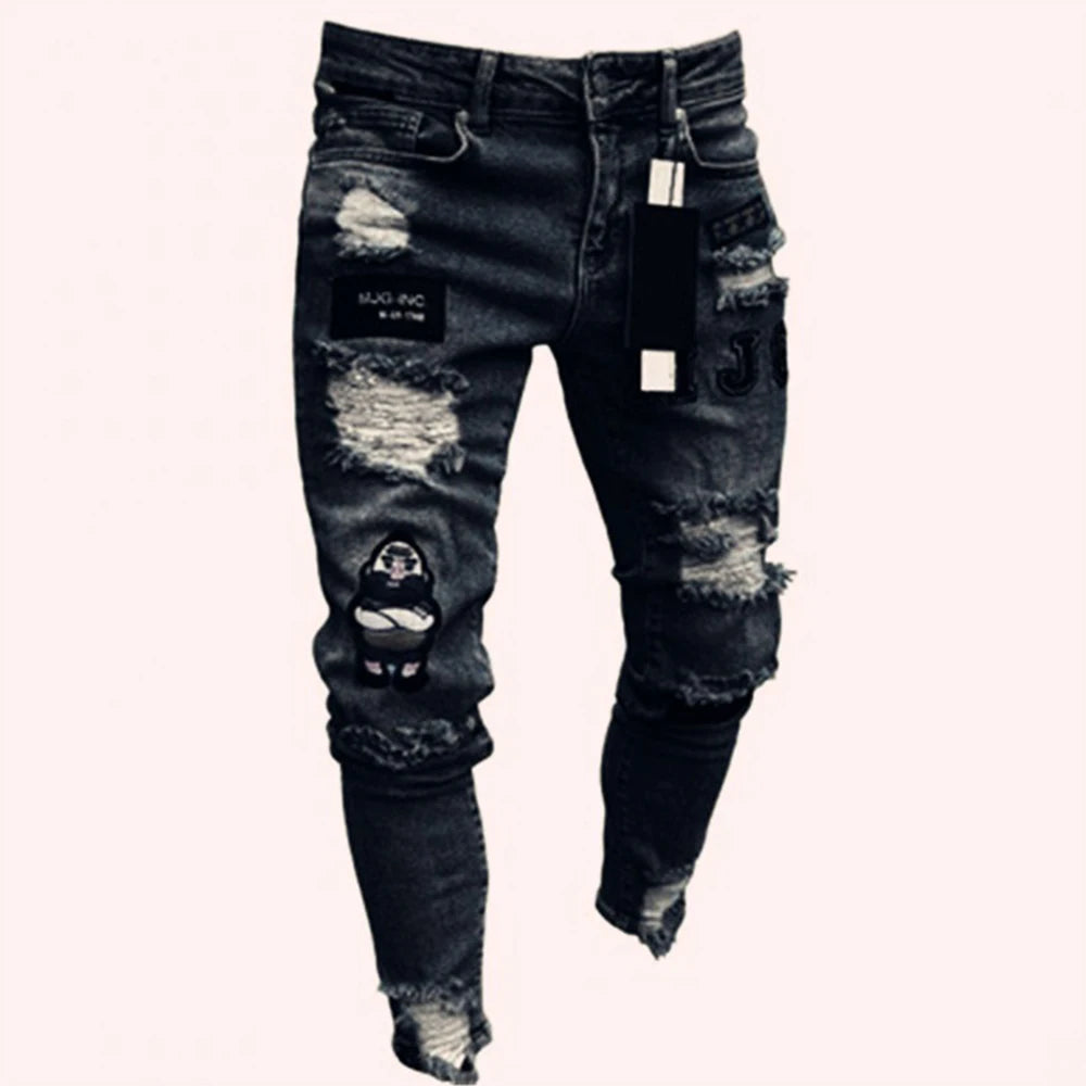 White Embroidery Skinny Ripped denim Men Cotton Stretchy Hole Slim Fit Hip Hop Denim Pants Casual Jeans for Men Jogging Trousers