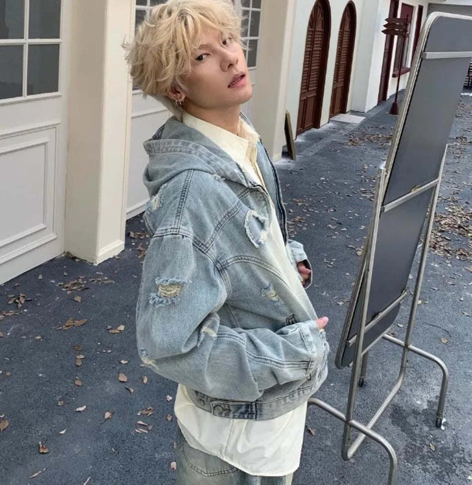 New Hooded Mens Denim Jacket 2024 American Retro High Street Loose Couple Tops Hip Hop Streetwear Trendy Washed Cowboy Coats
