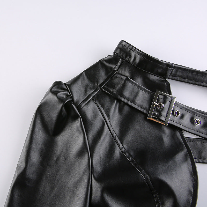 Women PU Leather Jackets Fashion Punk Gothic E Girl Y2K Crop Tops Single Long Sleeve Neck Hanger Buckle Belt Coat Outerwear