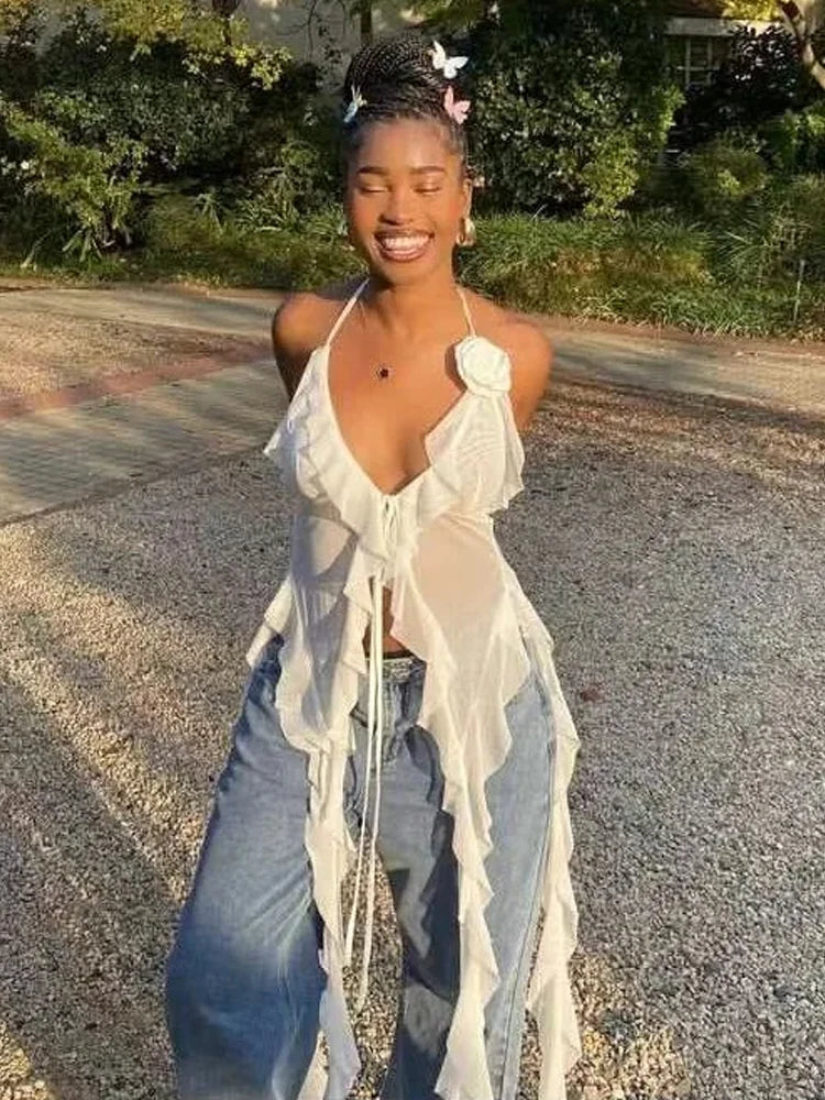 Weird Puss Blossoms Tank Tops Women Ruffles Y2K Summer Trend Sexy V-Neck Irregular Tassel Halter Backless Wild Street Camisole