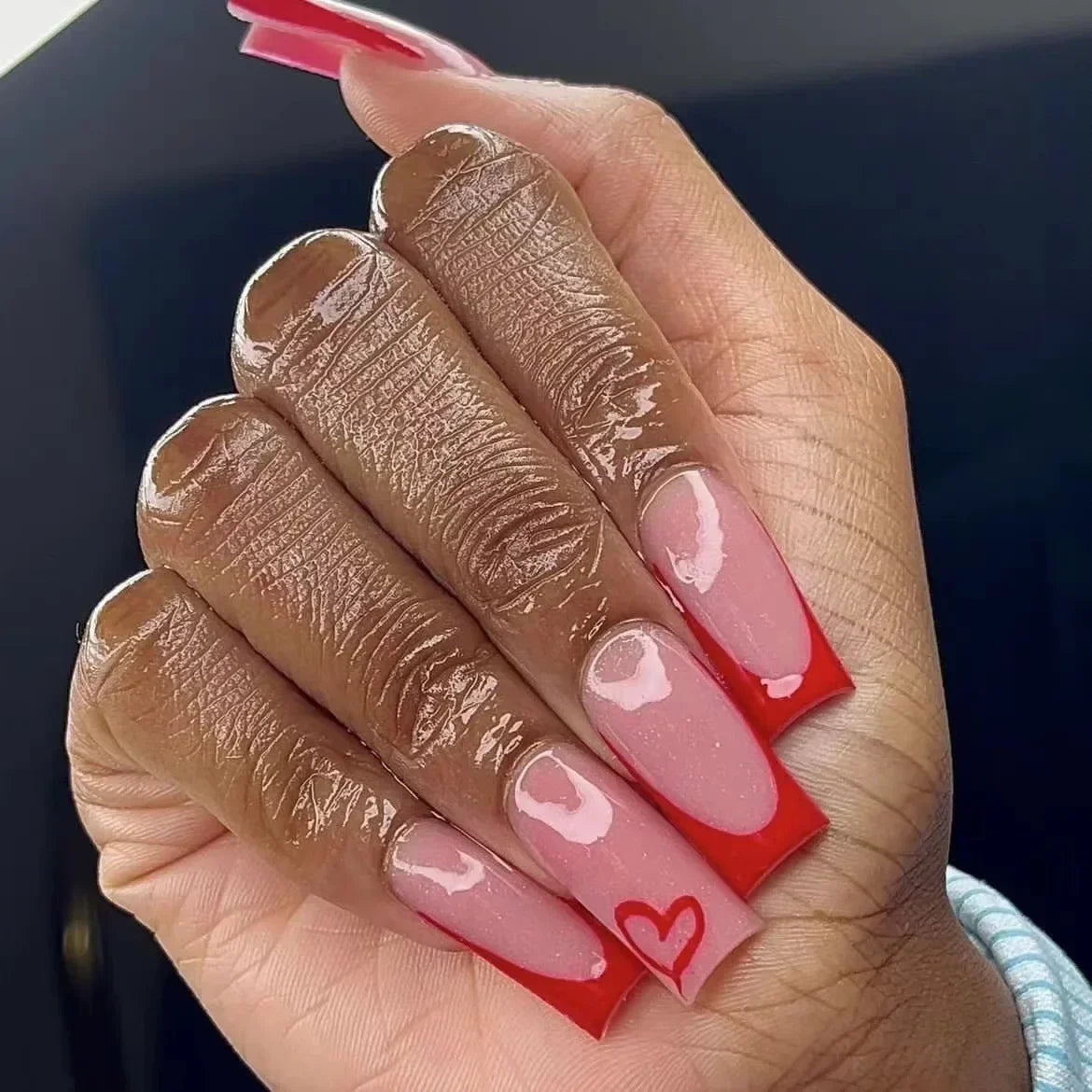 24Pcs Shimmery Long Coffin False Nails with Glue Ballerina Nail Design Sweet Fashion French Press on Acrylic Nails Tips