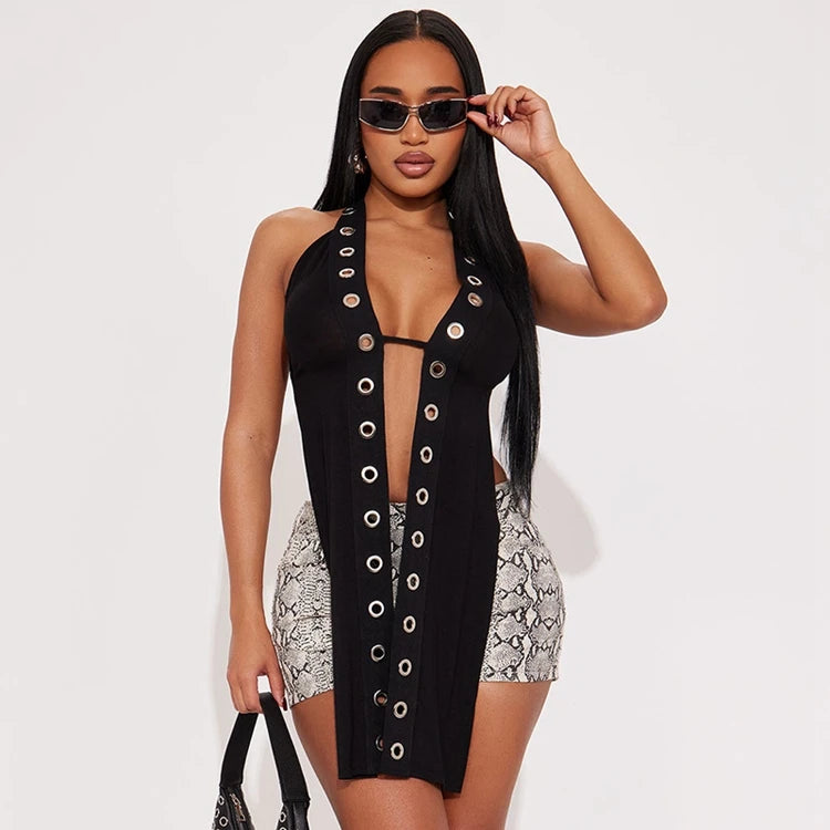 STYLISH LADY Lace Up Backless Tops 2025 Summer Women Halter Sleeveless Hollow Out Black Sexy Club Party Street Tees