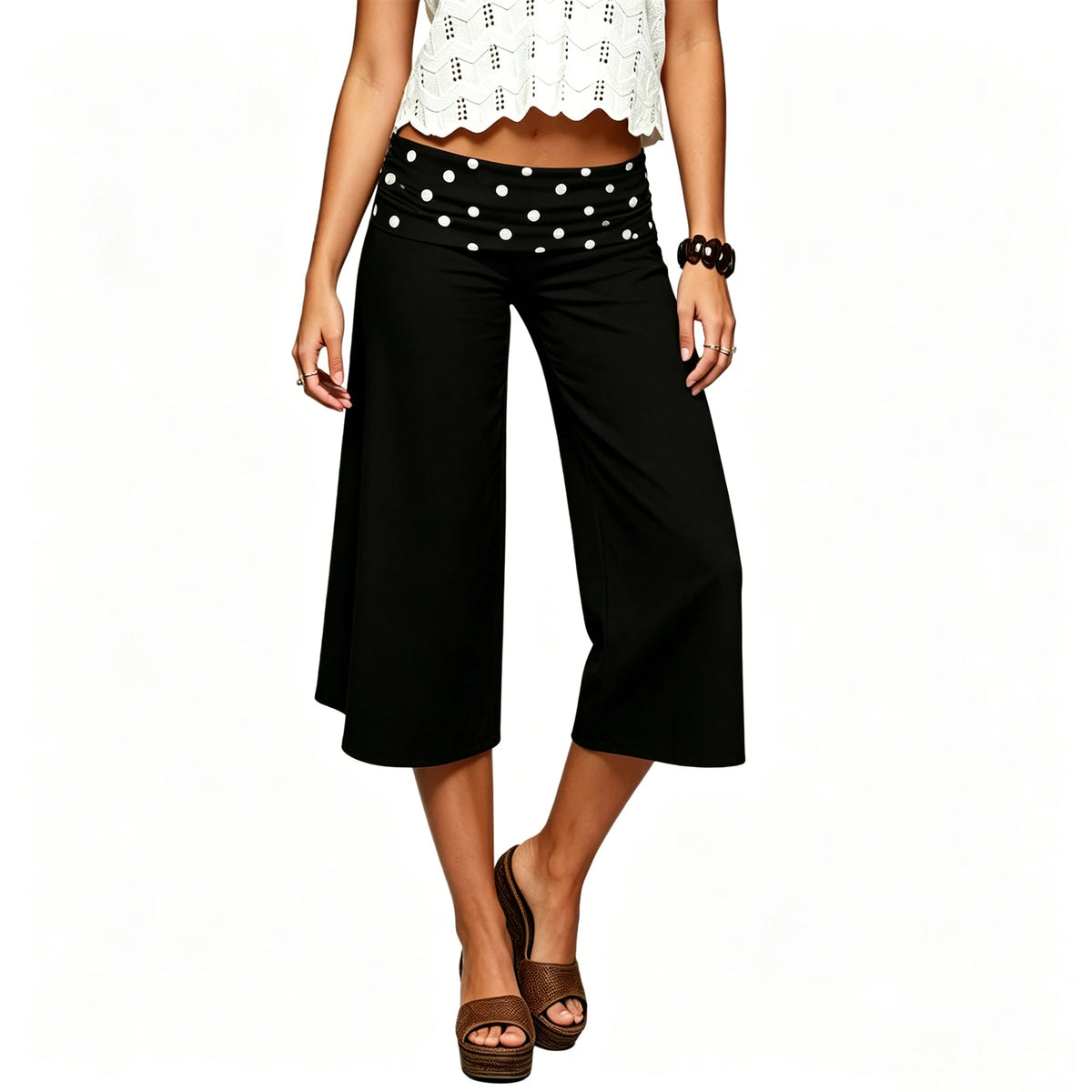 Capri Pants for Women Low Rise Fold Over Capri Yoga Pant Soft Comfy Flowy Wide Leg Capris Culottes Bottoms