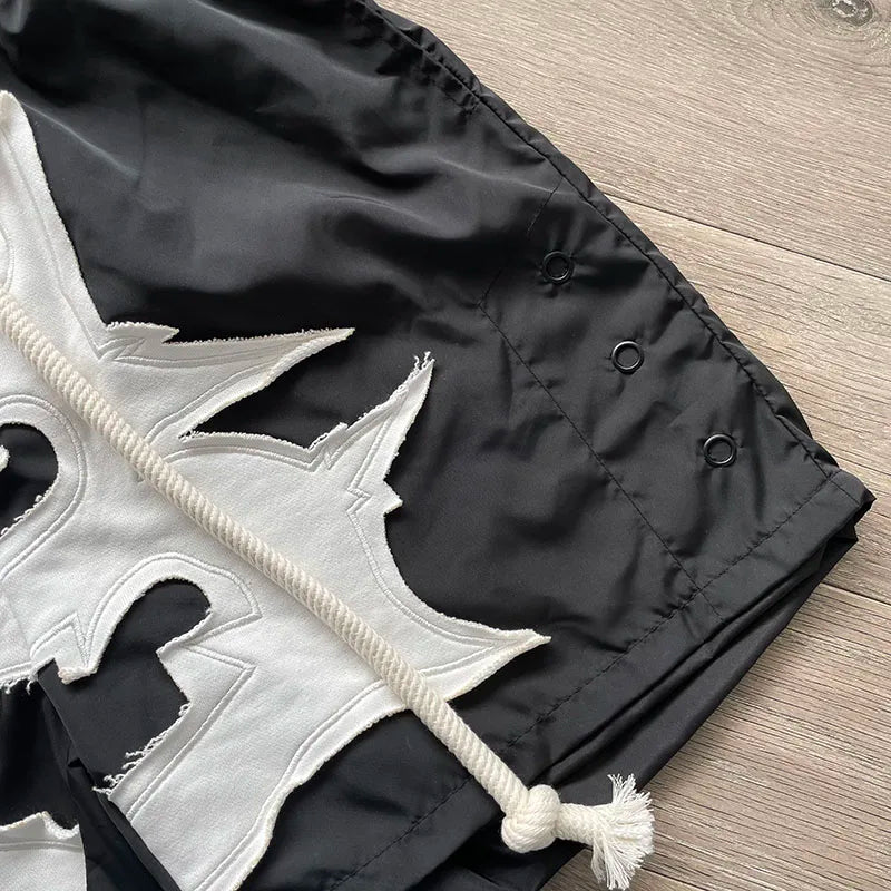 Cactus Jack Shorts Fashion Casual  Loose Color Blocking Patch Black Drawstring Elastic Waist Shorts Men Women Streetwear Pants