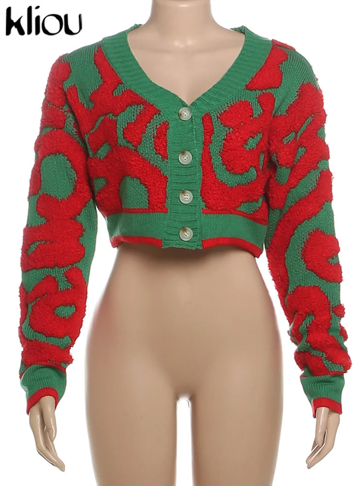 Kliou Knit Coats ladies Autumn New Full Sleeve Breasted Buttons V-neck Ruched Sweather Outwear Bare Midriff Street Tops