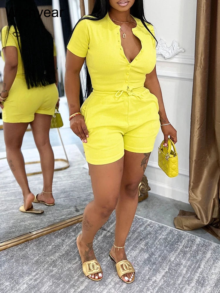 Casual Shirt Coats Tops and Shorts Two Piece Sets Fashion Short Sleeve Sports Streetwear Women Rib Hot Pants Outfits Sweat Suits