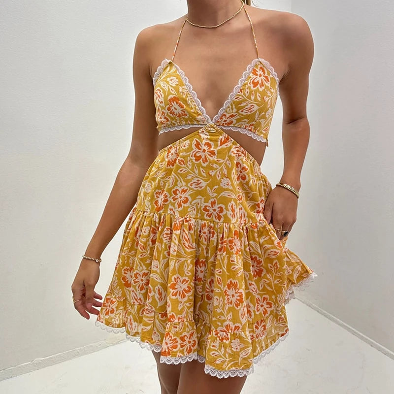Y2k Hollow Out Backless Tie Up Dress Floral Print Halter A-line Dresses Women Romantic Streetwear Fairycore Lace Trim Mini Dress