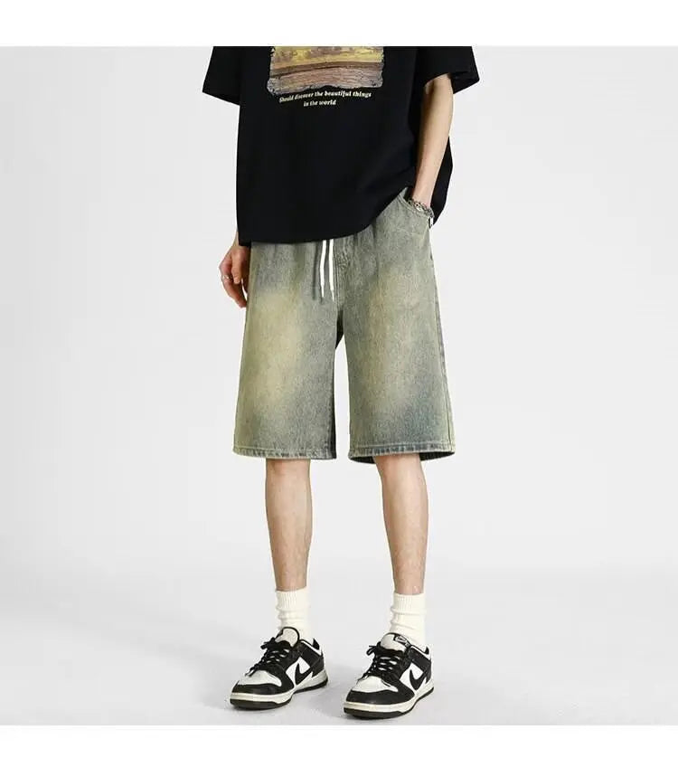 denim shorts, men's 2025 summer thin style retro loose American fashion brand casual five inch mid length pants