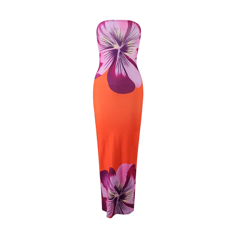 Women's Fashion Sexy Flower Print Strapless Long Dress Summer Vacation Elastic High Waist Slim Fit Party Evening Dress 2025