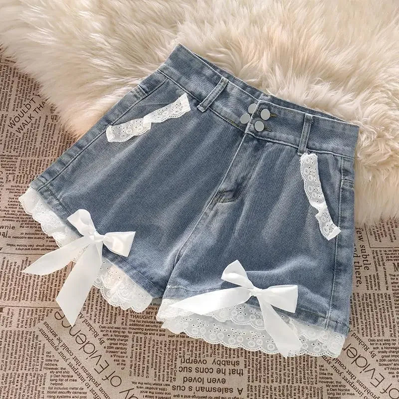 Japanese Preppy Style Bow Lace Patchwork Y2k Shorts Women Summer Straight Hotsweet High Waist jeans Short Pants Ruched