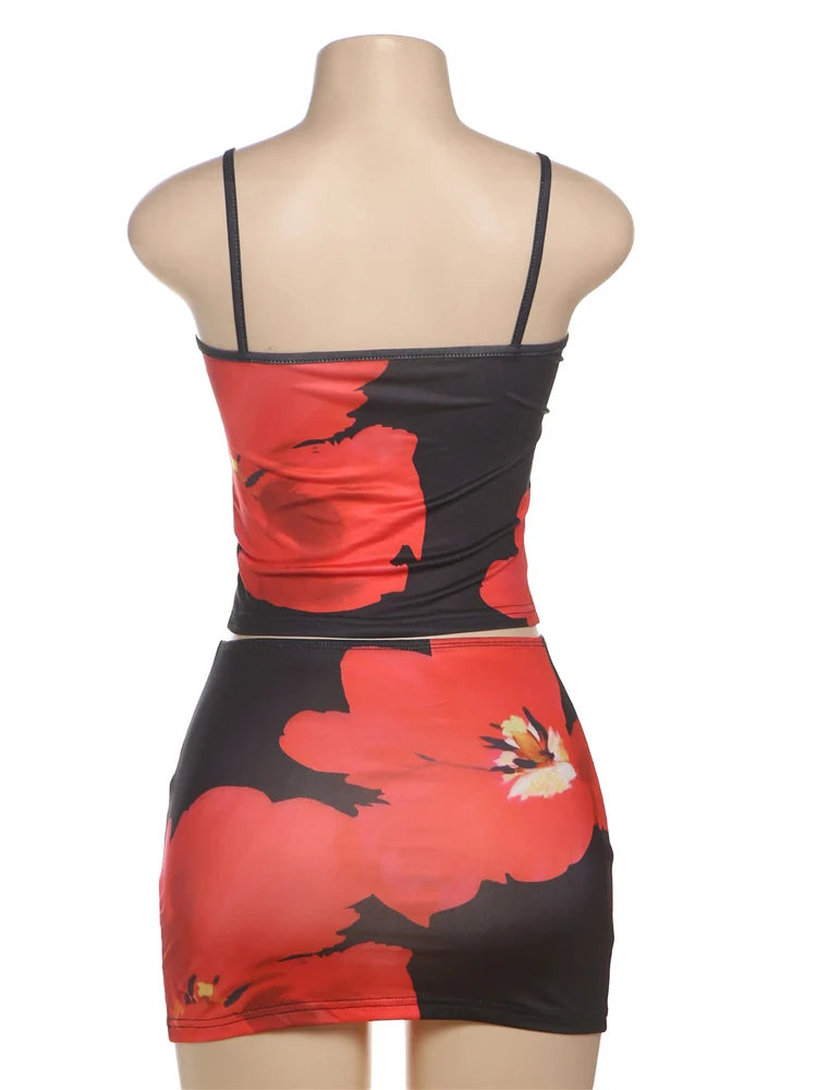 Weird Puss Y2K Floral Print 2 Piece Set Women Sexy Low-Neck Camisole+Skinny Peach Hip Skirts Vacation Trend Beach Style Outfits