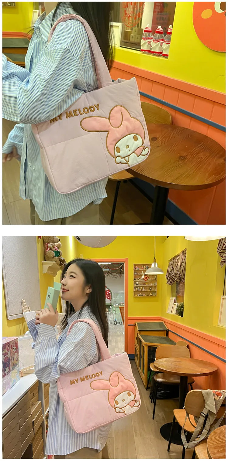 Sanrio Kawaii Hello Kitty Kuromi Tote Bags Cute My Melody Pochacco Cartoon Down Cotton Large Capacity Shoulder Bag Gifts Girls
