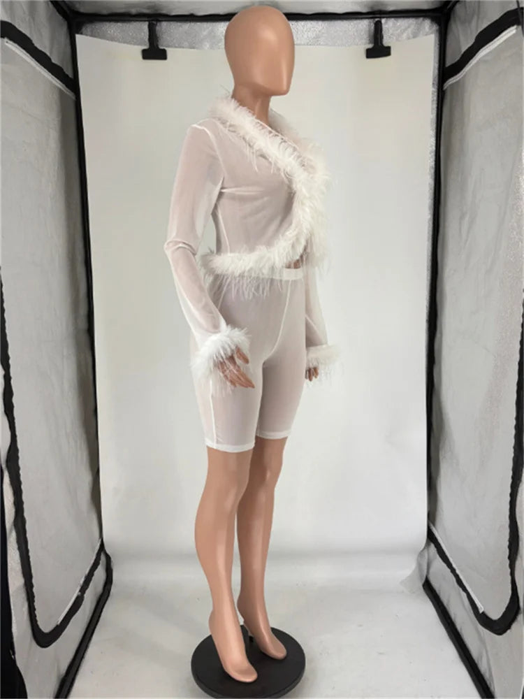 Weird Puss Sexy See Through 2 Piece Set Women Feather Patchwork Full Sleeve Tops++Skinny Shorts Midnight Club Party Trend Suit