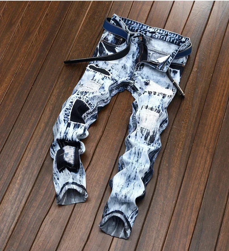 Denim Embroidered Patchwork Ripped Jeans (without Belt) Slim Fashion High Street Motorcycle Denim Pants Male Designer Clothes, men's jeans