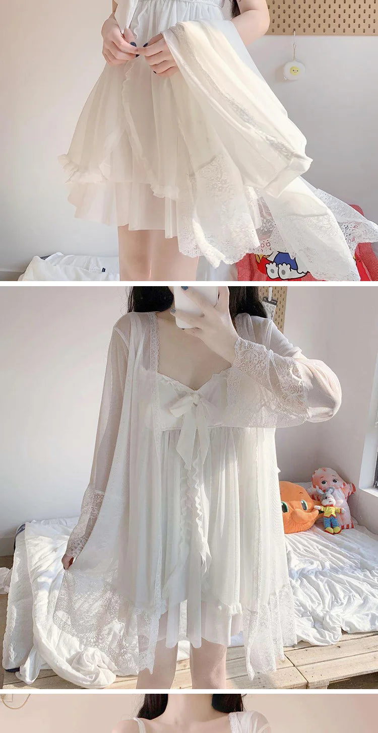 Summer Sexy Pajamas with Breast Pads Female Lace Pajamas Robe Gown Set Sexy Sleepwear White Lace Night Gown  Lingerie for Women