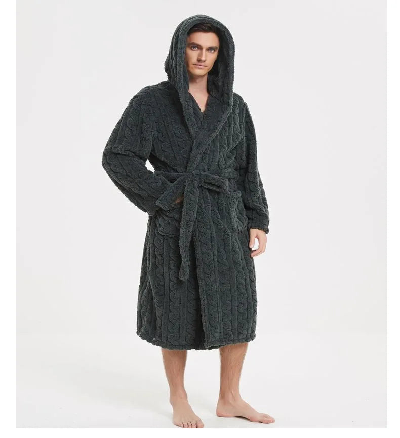 Warm Sleepwear Thicken Jacquard Flannel Men Robe Plush Coral Fleece Hooded Bathrobe Gown Winter Lounge Wear Home Wear Nightwear