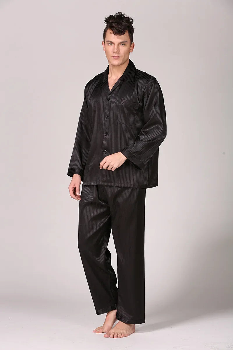 Silk Satin Pajamas for Men Sleepwear Cozy Soft Print Long Sleeve Nightgown Tops + Trousers Two Pieces Mens Pajama Set
