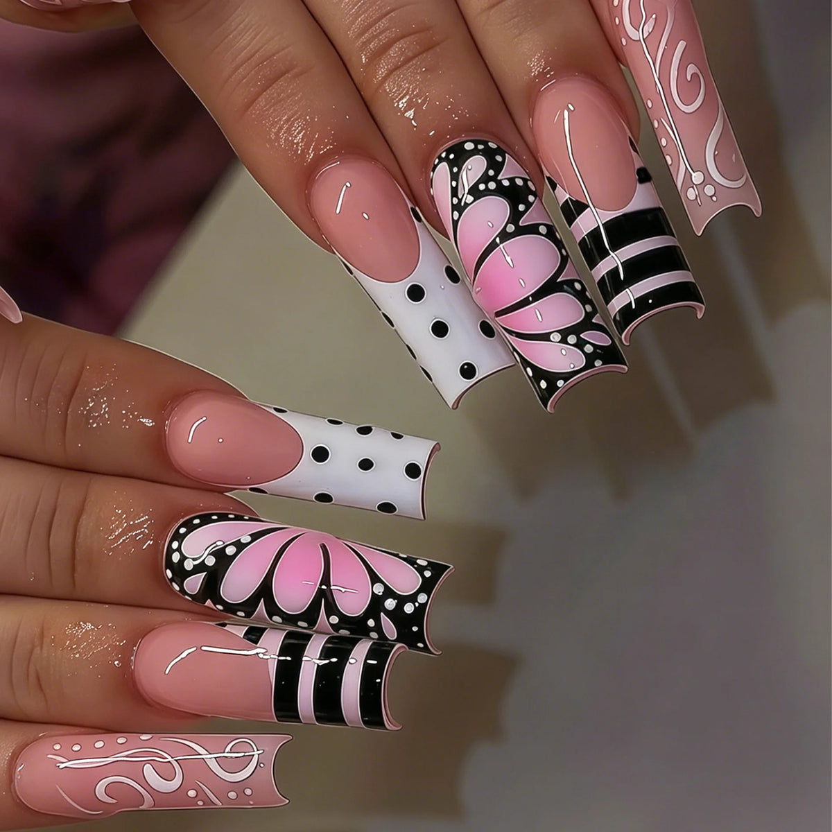 24Pcs Long Square Press on Nails Leopard Print French 3D Cherry Design False Nail Rhinestone Wearable Full Cover Fake Nails Tips