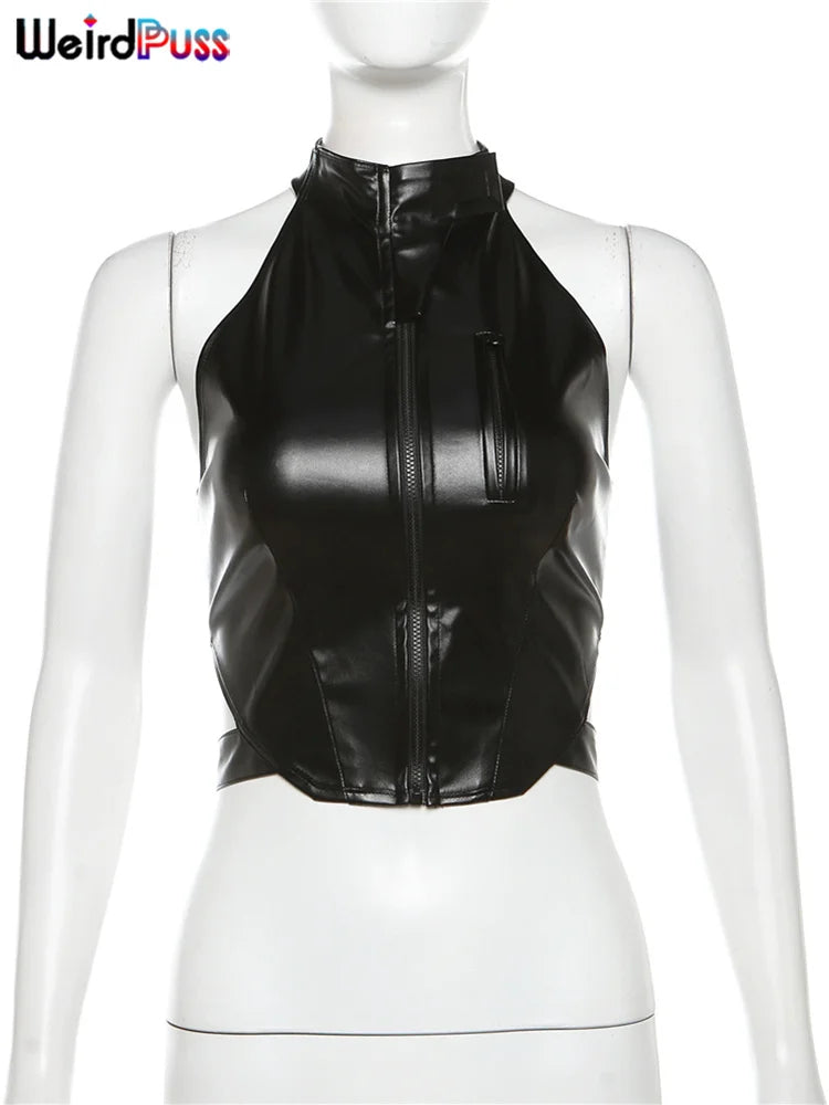 Weird Puss PU Backless Women Tank Tops Halter Neck Sleeveless Zipper Decoration Sexy Punk Nightclub Streetwear Summer Wild Vest