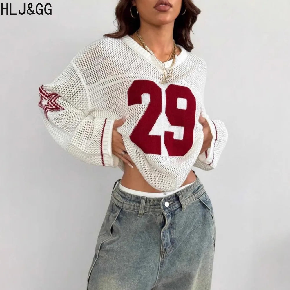 HLJ&GG Fashion Mesh Hollow Letter Printing Loose Tshirts Women V Neck Long Sleeve Sporty Street Tops Y2K Summer New Tees Wear