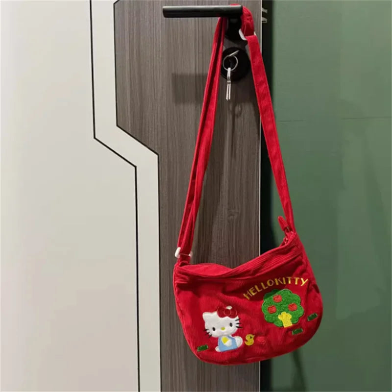 Kawaii Retro Red Cartoon HelloKitty Crossbody Bag Cute Japanese Girl Fashionable Corduroy Shoulder Bag Storage Bag Children Gift