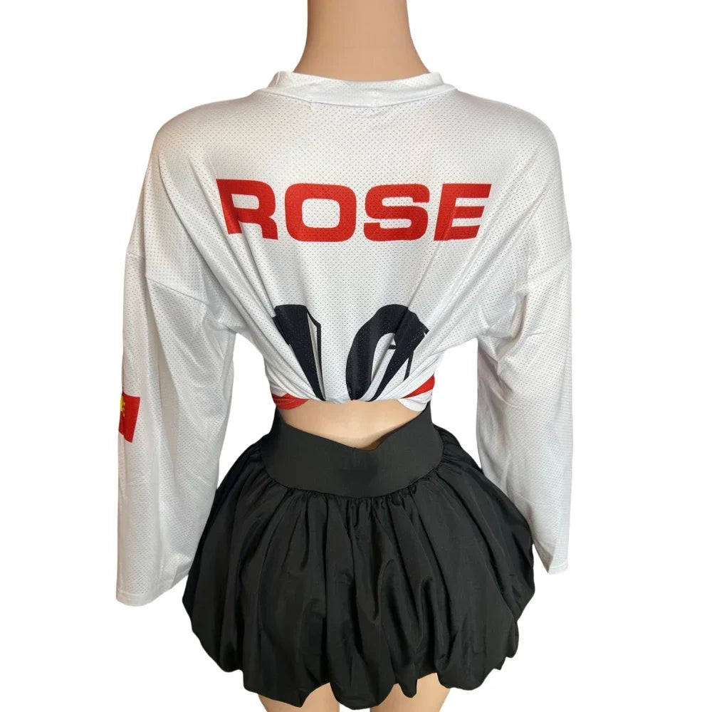 HLJ&GG Y2K Letter Print Mesh Two Piece Sets For Women V Neck Long Sleeve Top + Puffy Mini Skirts Outfits Fashion 2pcs Streetwear