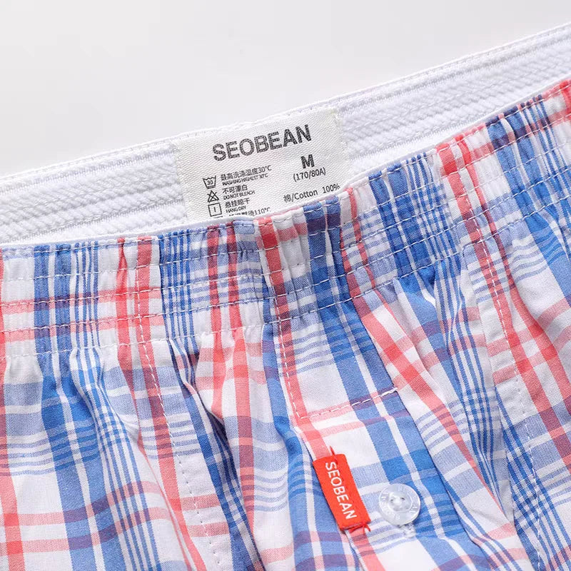SEOBEAN Men's plaid Trunks Pajama Shorts Casual Tracksuit100% Cotton Comfortable Breathable Sleepwear