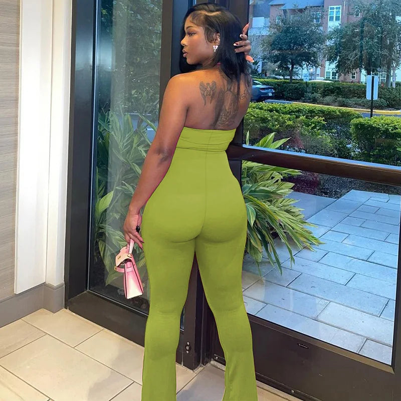 Hugcitar 2025 Spring Halter Solid Sleeveless Backless Sexy Bodycon Flare Pants Jumpsuit Women Casual Rompers Streetwear Festival