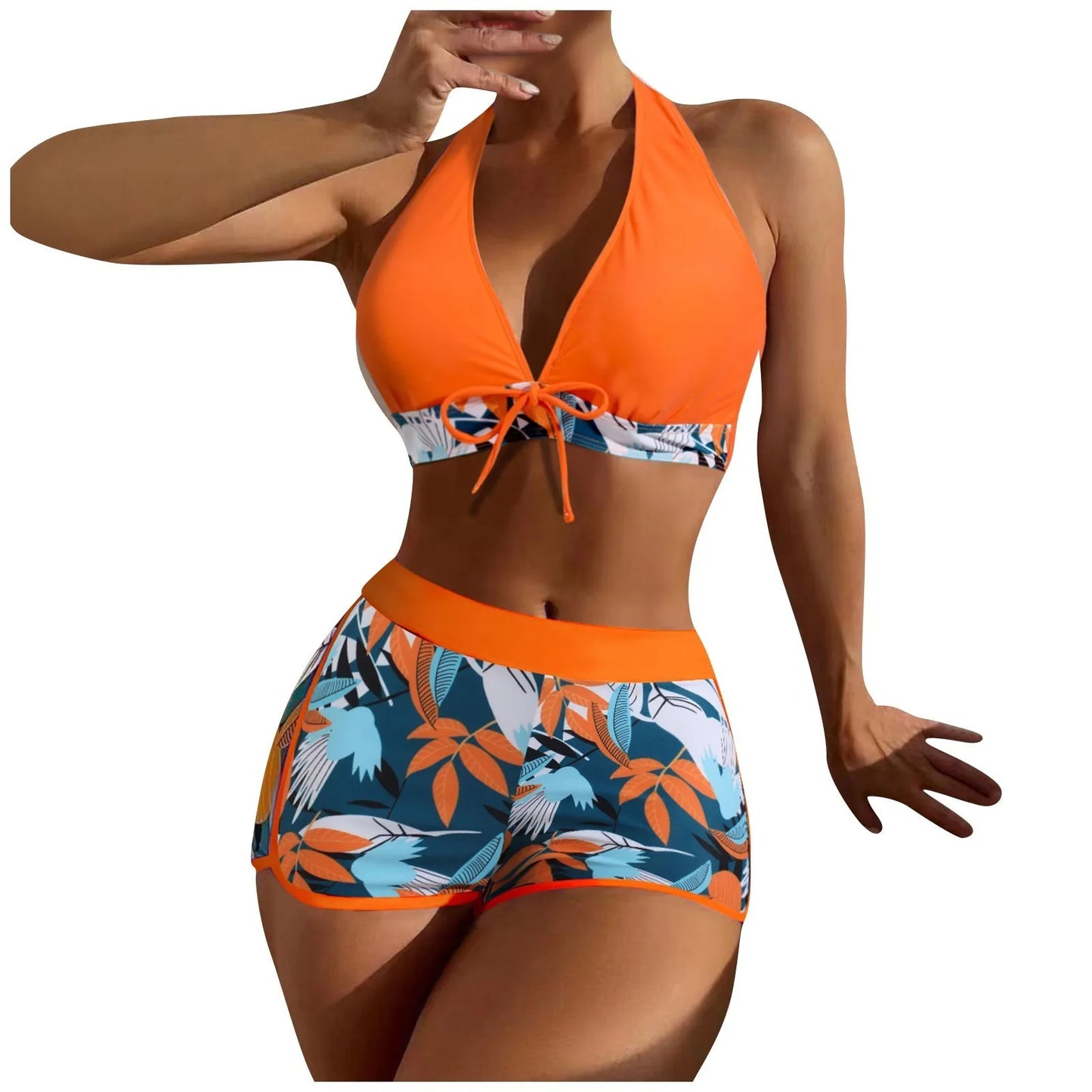 Shorts Bikinis Set  High Waist Swimsuit Women Swimwear  Plant Print Bathers Bathing Swim Suit Beachwear