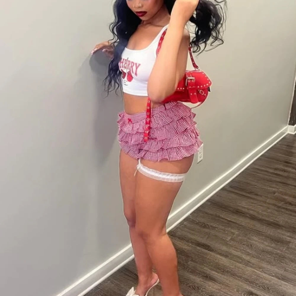 HLJ&GG Y2K Sweet Cherry Print Two Piece Sets Women Round Neck Sleeveless Slim Tank Top And Ruffle Plaid Shorts Outfit Streetwear
