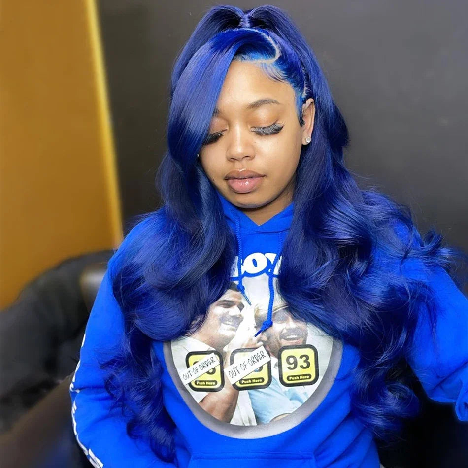 Navy Blue 13x4 Lace Front Body Wave Human Hair Wigs Brazilian Blue Colored Transparent Lace Front Wigs For Women Pre Plucked