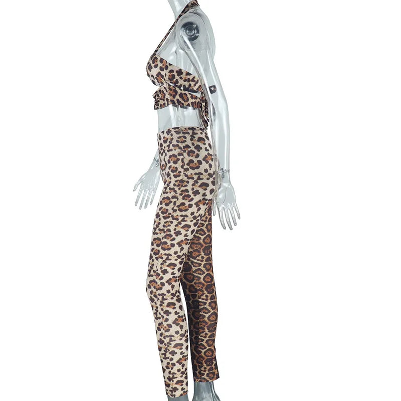HLJ&GG Sexy Hollow Out Leopard Printing Two Piece Sets Women Halter Bandage Crop Top And Skinny Pants Outfits Fashion Streetwear