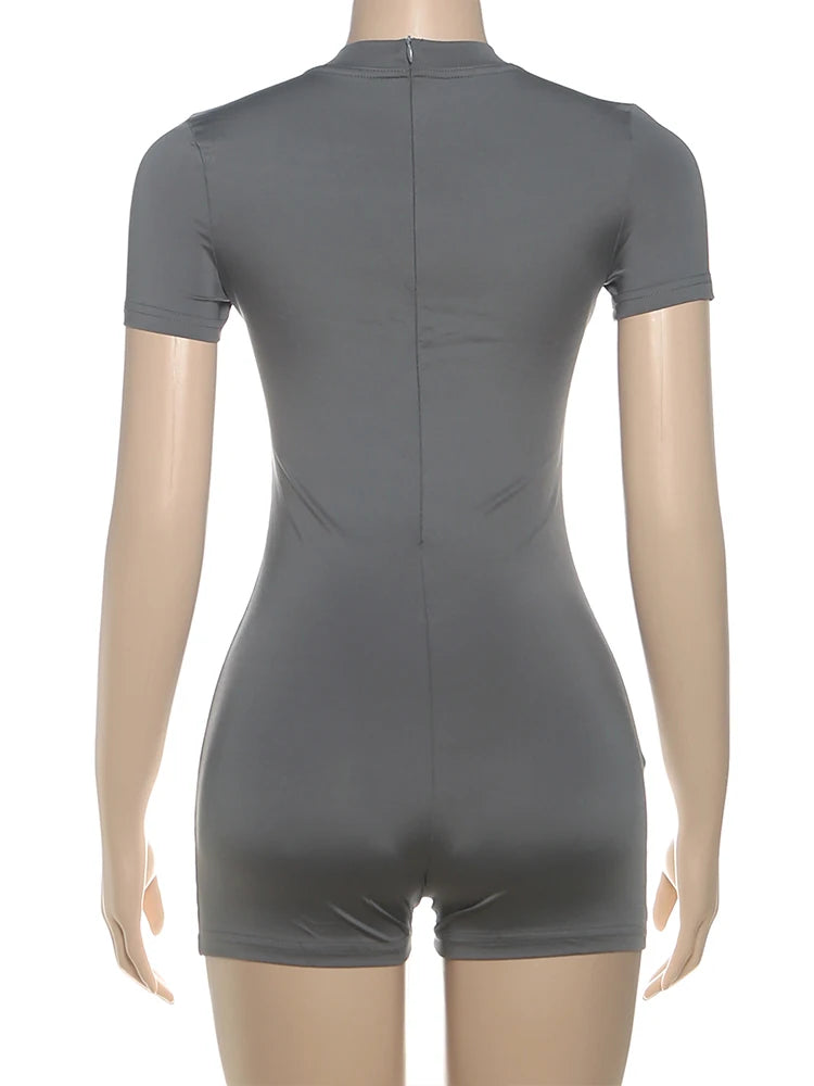 Weird Puss Letter Print Fashion Romper Women Body-Shaping  o-Neck Mini Sleeve Tight Peach Hip Casual Simple Workout Playsuits