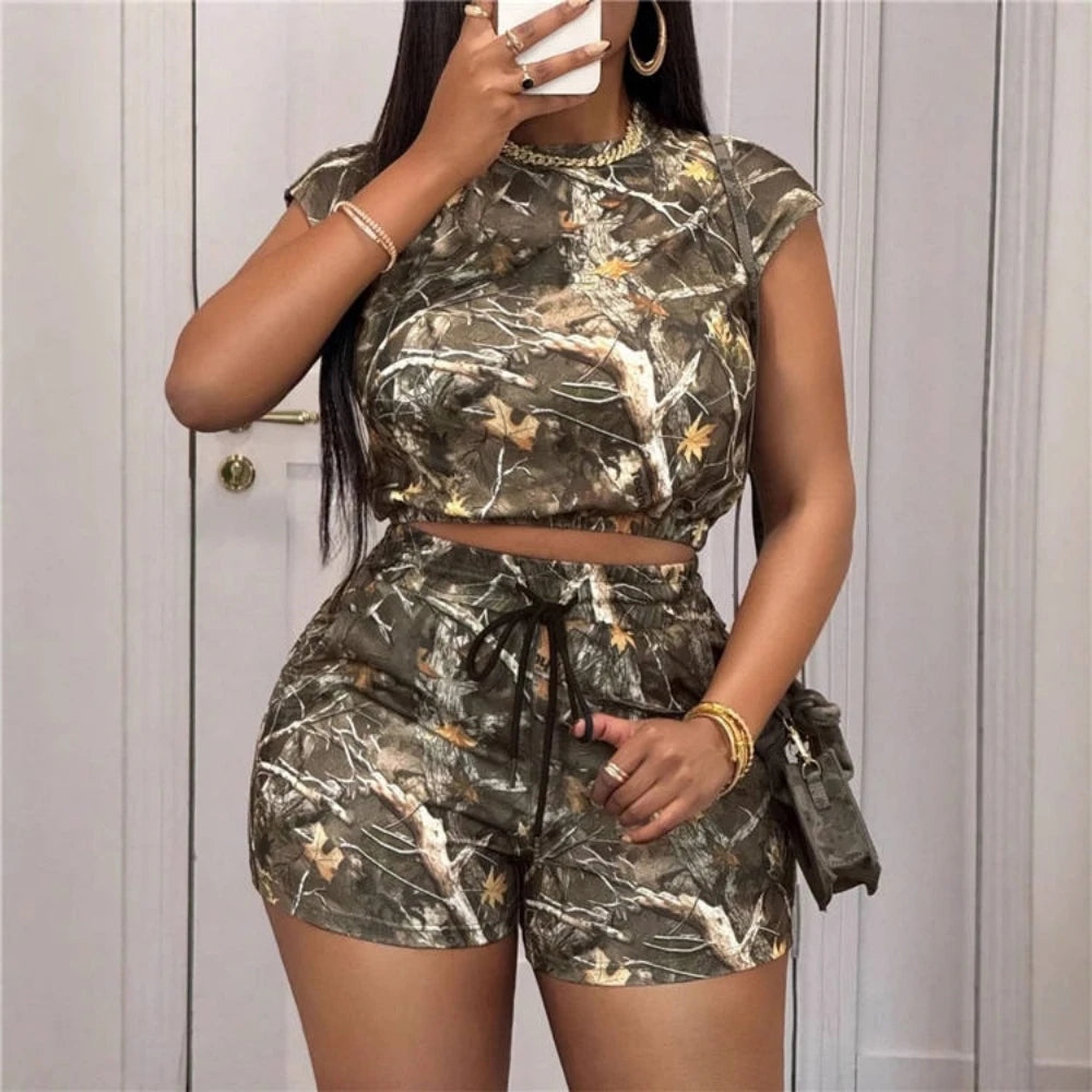 HLJ&GG Summer New Printing Drawstring Shorts Two Piece Sets Women Round Neck Short Sleeve Crop Top And Shorts Outfits Streetwear
