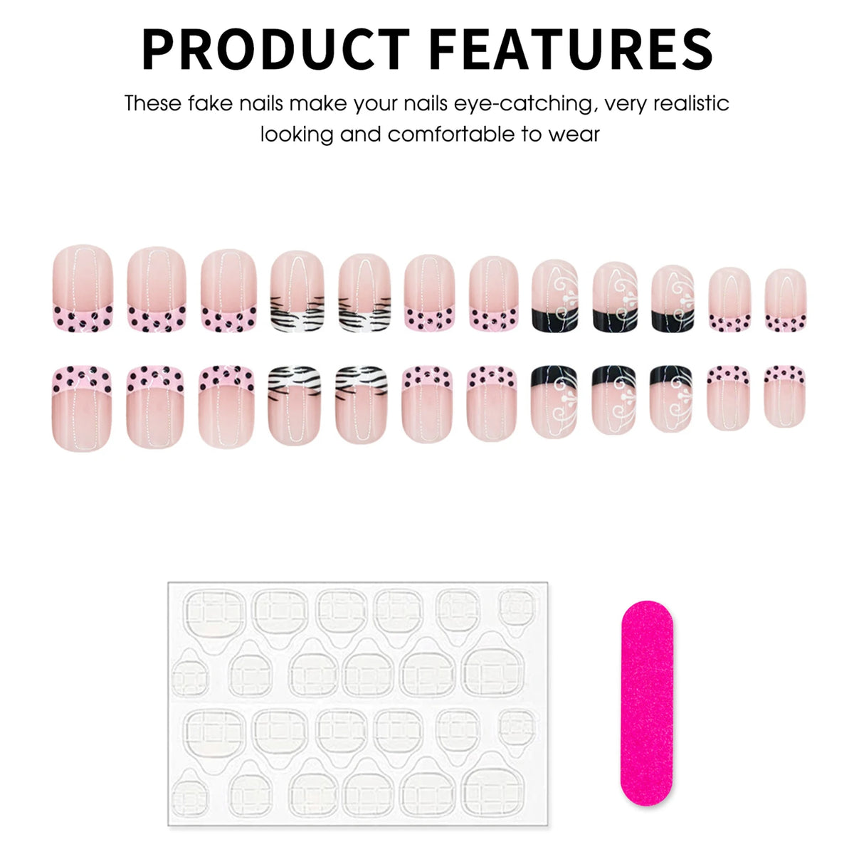 24pcs Short Square Shaped False Nails Black White Zebra-printed Polka Dot French Style Press On Nails Sweet DIY Manicure Art