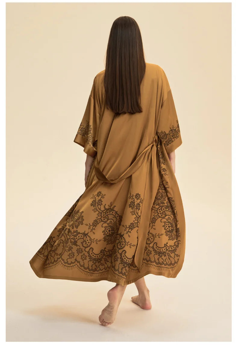 Plus Size Print Flower Long Robe Kimono Gown New Female Sleepwear Bathrobe Home Dress Loose Silky Satin Night Clothes Loungewear
