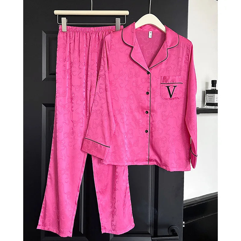 Hot Pink Bow Print Top&pant Loose Homewear Lady Casual 2Pcs Outfit Pijama Mujer Ice Silk Sleepwear Spring Autumn New Pyjamas