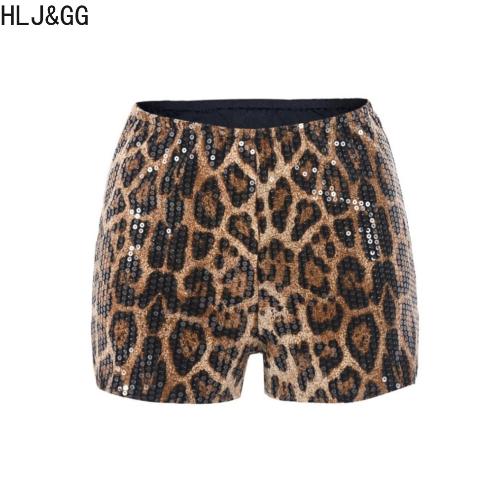 HLJ&GG Y2K Summer New Letter Tank Top Two Piece Sets Women Round Neck Sleeveless Vest + Sequin Leopard Shorts Outfits Streetwear